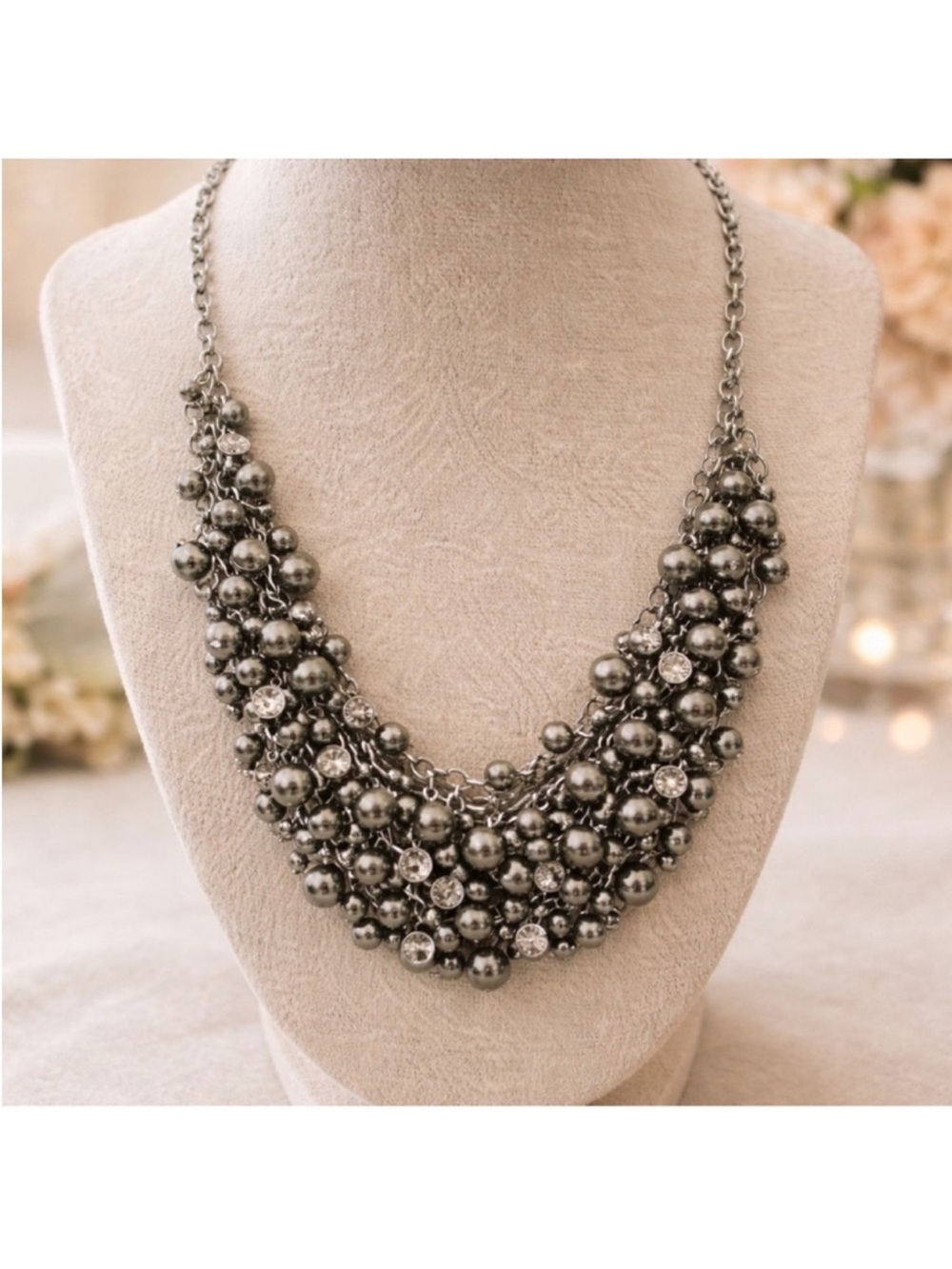 Charter Club Gray Pearl Shaky Bib Statement Necklace NWT With EARRINGS